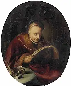 Entourage de Gérard Dou, Vieille femme lisant un livre, vers 1670, collection particulière.