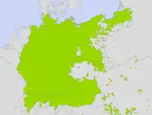 Carte de l'Europe de 1910 où apparaissent en couleur l'Allemagne, l'Autriche et de nombreuses zones éparpillées dans la région.