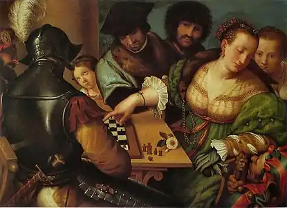 Peinture. Dans un intérieur, un homme et une femme jouent aux échecs sous le regard d'autres personnages.