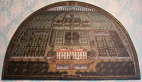 Lunette de la Villa Medicea di Castello telle qu'elle était en 1599, peinte par Giusto Utens