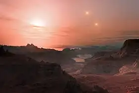 Vue d'artiste d'un paysage à la surfacede Gliese 667 Cc.