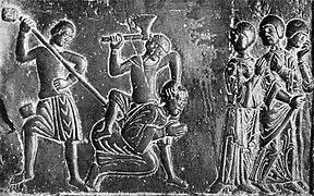 L'exécution d'Adalbert par les Prussiens (détail de la porte en bronze de la cathédrale de Gniezno).