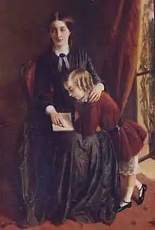 Détail de tableau. Une jeune femme vêtue strictement de noir fait lire un enfant