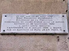 Plaque dédiée à Rose Philippine Duchesne