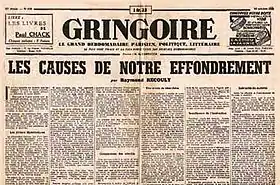 Double page jaunie avec caractères noirs indiquant en gros « Gringoire » et en plus petit « Les causes de notre effondrement »