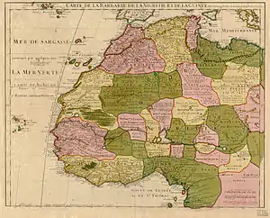 En 1707, cette carte française montre le Niger qui se jette encore dans le Sénégal, son delta intérieur est clairement identifié. Le Rio Formosa se jette dans le golfe du Bénin.