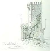 Dessin de la tour de l'Eau et du guichet de la Tour de l'Eau, par Gumersindo Díaz, vers 1865.