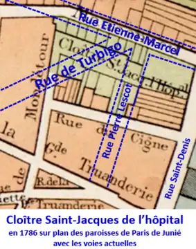 Hôpital St-Jacques sur plan Junié de 1786 avec les voies actuelles