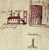 dessin montrant un hôpital et un cimetière.