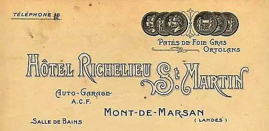 Carte de l'hôtel Richelieu - Saint-Martin à Mont-de-Marsan (avant 1934)