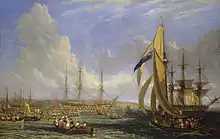 Le Bellerophon entouré par des embarcations de personnes curieuses de voir Napoléon.