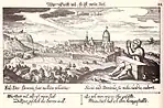 Vue générale de Lorette et homme condamné au pilori, gravure du Thesaurus Philopoliticus de Daniel Meisner, 1625.
