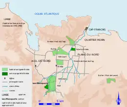 Carte montrant des espaces coloriés de vert reliés par des lignes grises sur un fond brun clair. En haut, un espace bleu nommé Océan Atlantique.