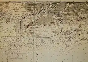 Carte russe de 1940 de la péninsule de Hanko ; la base militaire russe est délimitée en bleu.