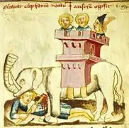 Représentation médiévale d'un éléphant de guerre (enluminure du XIVe siècle).