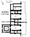 Plan du grand temple de Hatra, IIe siècle apr. J.-C. 1. iwan sud 2. iwan central 3. double iwan nord 4. édifice carré.