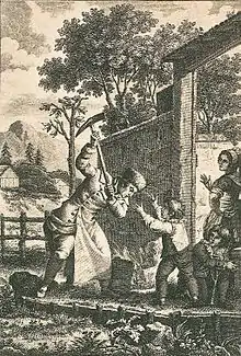 Gravure. Un enfant protège de ses bras un arbuste qu'un homme veut abattre.