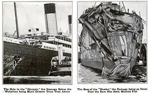 Trou béant dans la coque de l'Olympic et proue broyée du Hawke