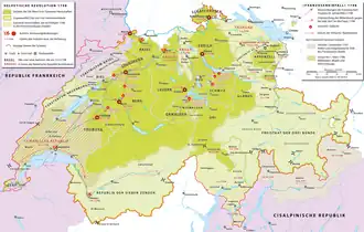 Carte de la Suisse indiquant des offensives militaires avec les noms des villes et des batailles.