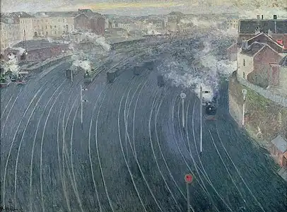 Vue de la gare du Luxembourg à Bruxelles, tableau de Henry Ottmann, 1903.