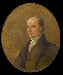 Peinture ovale d'un homme à la calvitie prononcée portant une veste noire et un foulard blanc.