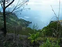 Paysage de Tahuata, vu depuis le haut d'une montagne. L'océan est au second plan.