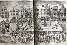 Exécution des chefs du mouvement anabaptiste après la révolte de Münster, dont Jean de Leyde. Gravure sur cuivre d'Hermann von Kerstenbroich intitulée : « La frénésie des anabaptistes que Münster, la célèbre capitale de Westphalie, réduisit à néant. »
