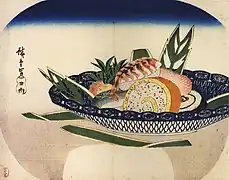Uchiwa-e de Hiroshige présentant une assiette de sushi.