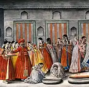 Holi dans une résidence noble Awadhie. Détail d'une miniature du XIXe siècle. Holi, ou Eid-e-Gulabi, était observé par un large pan de la société musulmane indienne.