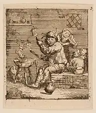 Homme assis allumant sa pipe, Jacques Dassonville, gravure à l'eau-forte, dim.65x59mm, musée des Beaux-Arts de Nancy