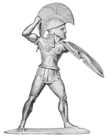 dessin d'un guerrier antique, casqué avec un bouclier