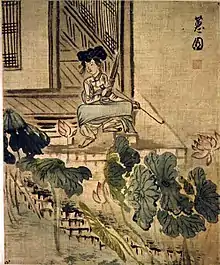 Une femme au jardin de lotus (Gisaeng tenant un saenghwang et une pipe). Encre, couleur légère s. soie, H. 29,6 cm. Shin Yun-bok (v.1758-ap.1813). Scène de genre: femmes. 3 feuilles d'un album de 7. Musée national de Corée.