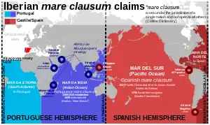 Mare clausum (présentation horizontale), selon de traité de Tordesillas (1494)