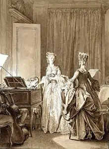 Saint-Preux, au clavecin, baise la main de Claire, qui se pâme. Julie, qui chante avec elle, ne les voit pas.