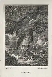 gravure, chasse au cerf, beagles entourant un cerf, chasseurs arrivant par derrière