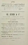 Publicité de la société de Charles Huber, 1877.