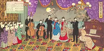 Ukiyo-e présentant des musiciens utilisant divers instruments (piano, flutte traversière, violons, violoncelle) et un chœur d'une dizaine de personnes.