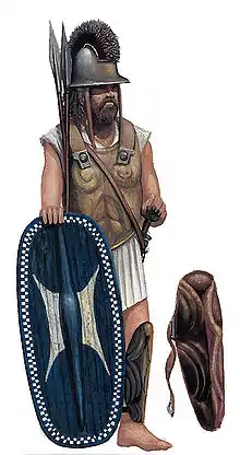 Thorakitès illyrien équipé d'un thuréos et d'un plastron métallique.