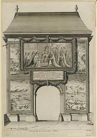La vieille porte médiévale Saint-Antoine recouverte de tapisseries et de peintures à l'occasion de l'entrée solennelle de Louis XIV et Marie-Thérèse à Paris en 1660