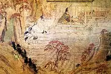 Peinture. Un moine est assis sur sa véranda dans un paysage de montagne. Un homme noblement vêtu est assis en face de lui.