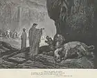 Virgile nourrissant Cerbère dans le troisième Cercle de l'Enfer. Illustration de L'Enfer de Dante par Gustave Doré (XIXe siècle).