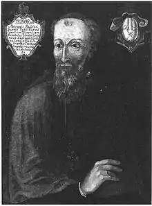 Peinture en noir et blanc montrant le buste d'un homme barbu.