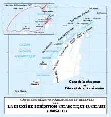 Itinéraire du Pourquoi Pas ? IV en Antarctique (deuxième expédition antarctique française, dirigée par Charcot).