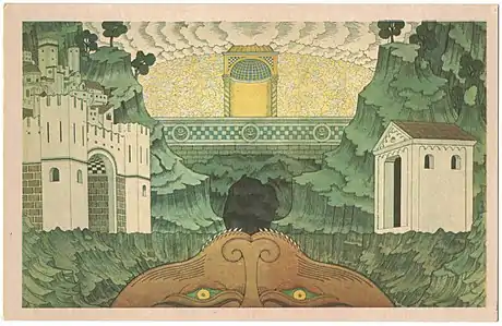 Trois dessins d'Ivan Bilibine pour Le Miracle de Théophile, réalisés à la gouache et au crayon, conservés au Bakhrushin Museum (en) de Moscou.
Description des illustrations:
* À gauche: Costume de scène 1. Scapulaire monastique (22,5 x 11,1 cm).
* Au centre : Costume de scène 2. Aube de prêtre (22,5 x 14,3 cm).
* À droite: Décor. Fond de scène.