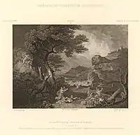 Niobé est au centre, serrant un petit enfant vers elle et lève les yeux vers le ciel. À gauche, Apollon et Artémis tirent des flèches sur ses enfants. Plusieurs sont déjà morts ou blessés ; les autres, à droite, tentent de s'échapper. Il y a une masse d'arbres cassés à l'extrême gauche, une forteresse et une mer orageuse avec un éclair à droite. L'image est dans le même sens que le tableau.