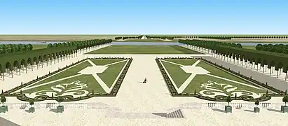 Restitution des jardins du château de Maisons au XVIIIe siècle. Vue depuis le premier étage.