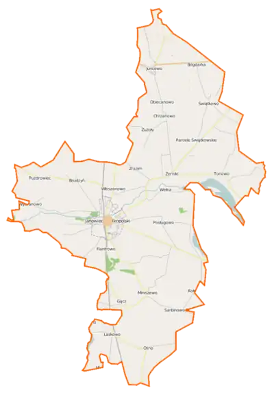 Localisation du village au sein de la gmina Janowiec Wielkopolski.