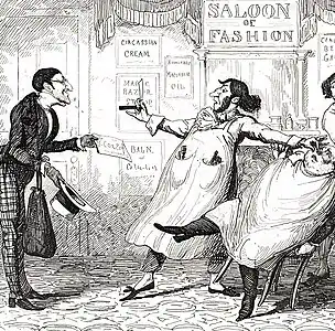 Illustration d'une nouvelle de Thackeray, le barbier Cox apprend dans son salon de coiffure qu'il vient d'hériter.