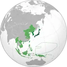 Carte géographique centrée sur l'Asie-Pacifique. Le Japon en vert foncé est entouré de ses possessions en vert clair.