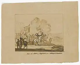 Dessin représentant un champ de bataille, avec au centre un personnage sur un cheval blanc, montrant du doigt son panache blanc.